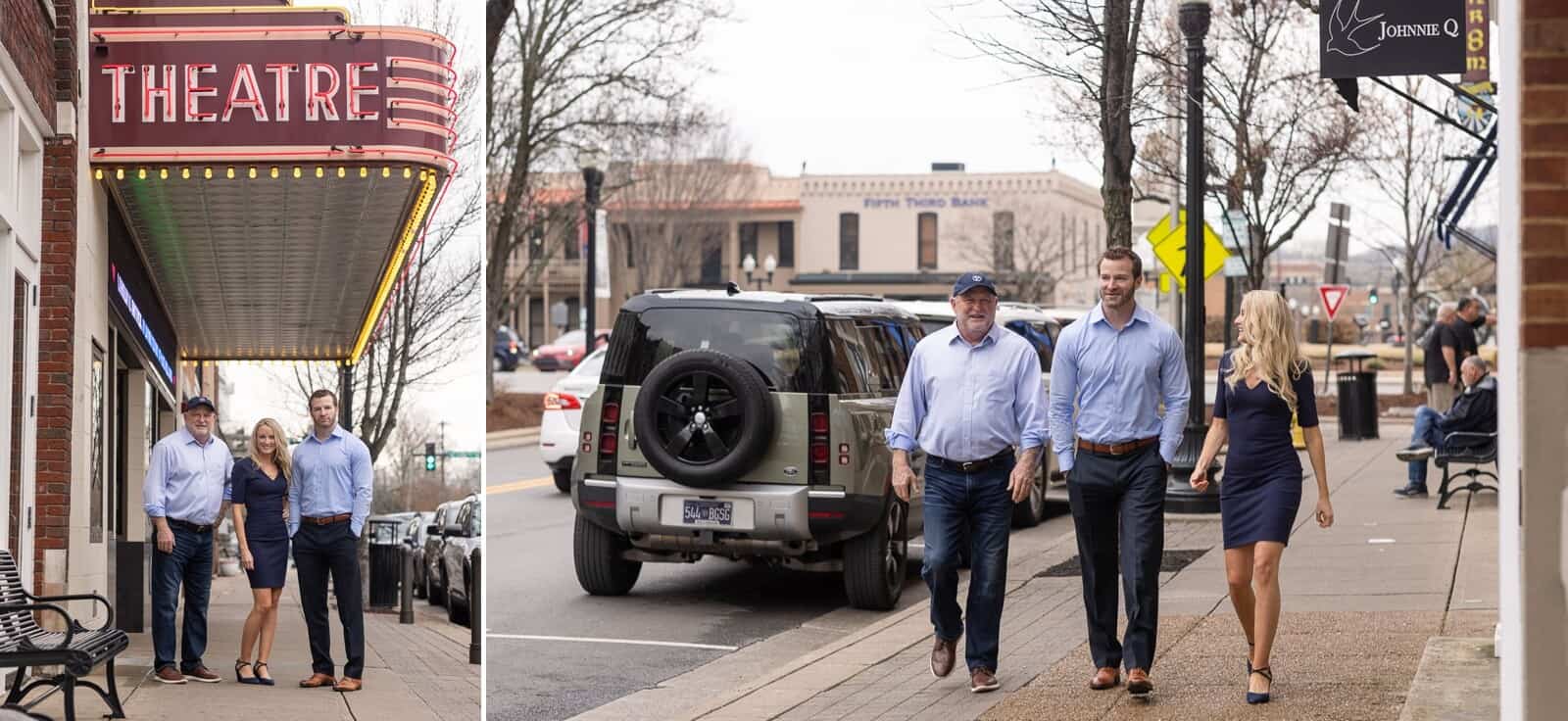 Three people walk down street and pose in front of historic small town theatre